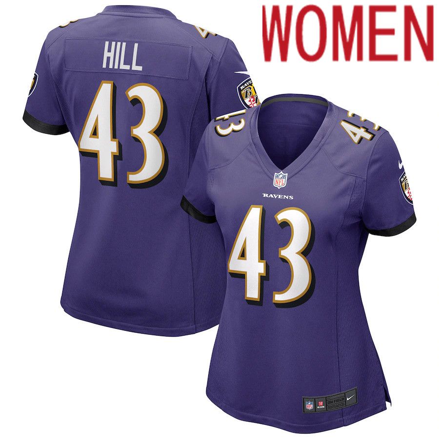 Women Baltimore Ravens #43 Justice Hill Nike Purple Game NFL Jersey->women nfl jersey->Women Jersey